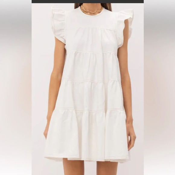 Altered State Crisp White Tiered Mini dress Rayon/Linen blend. Layered w/pockets - Picture 1 of 14